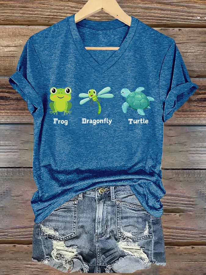 Women's Frog Dragonfly Turtle Printed T-Shirt