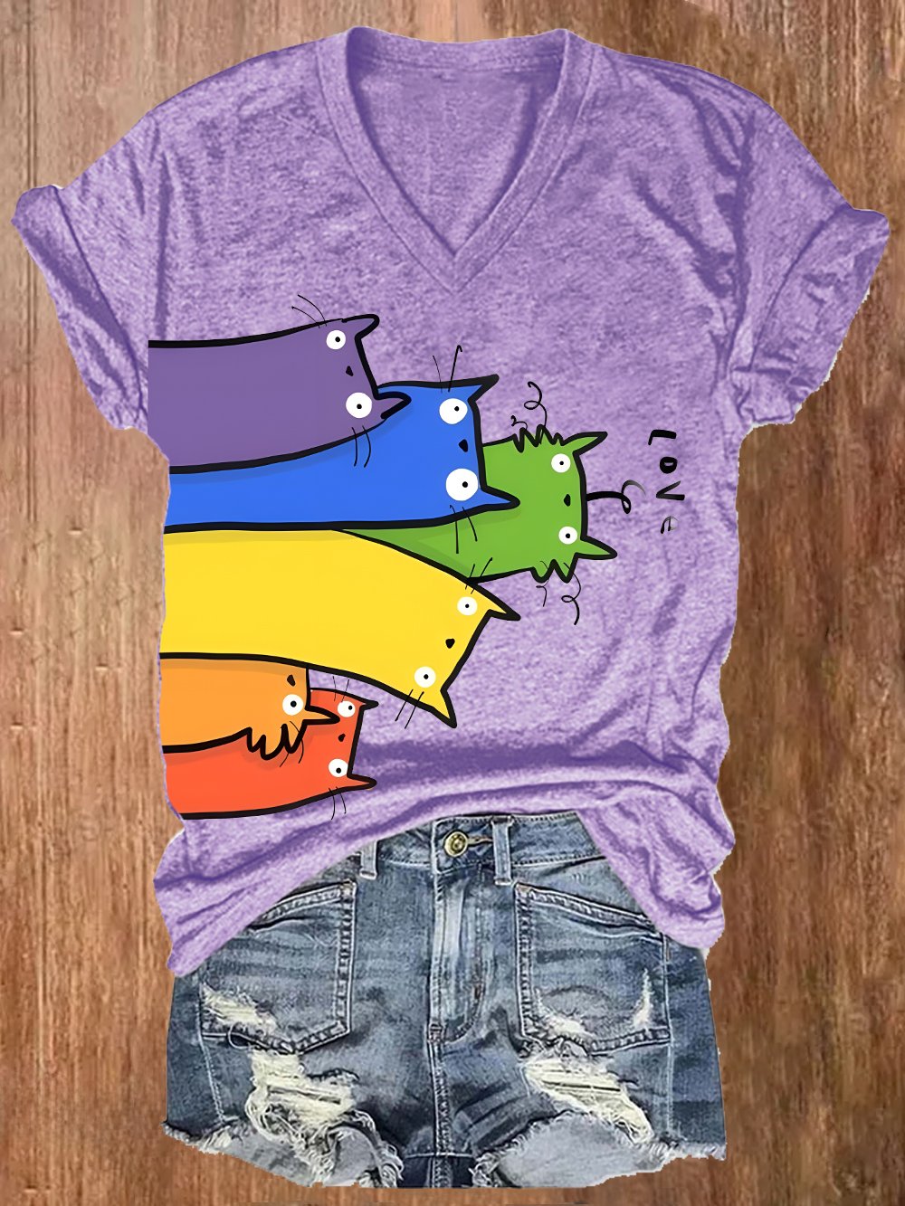 Women's Rainbow Striped Cat Pride Month And Cat Printed V-Neck T-Shirt Top