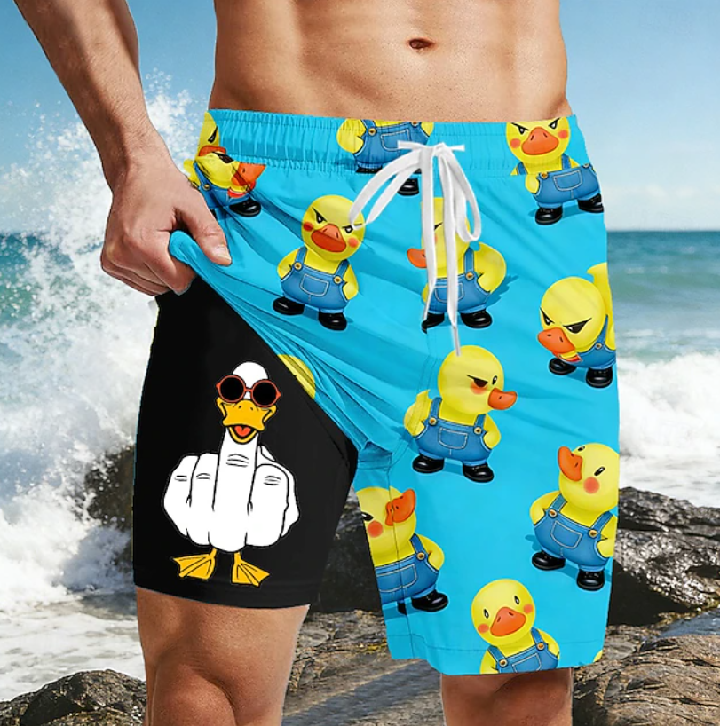 Funny Duck Middle Finger Lined Shorts 2 in 1 Board Shorts Swim Shorts