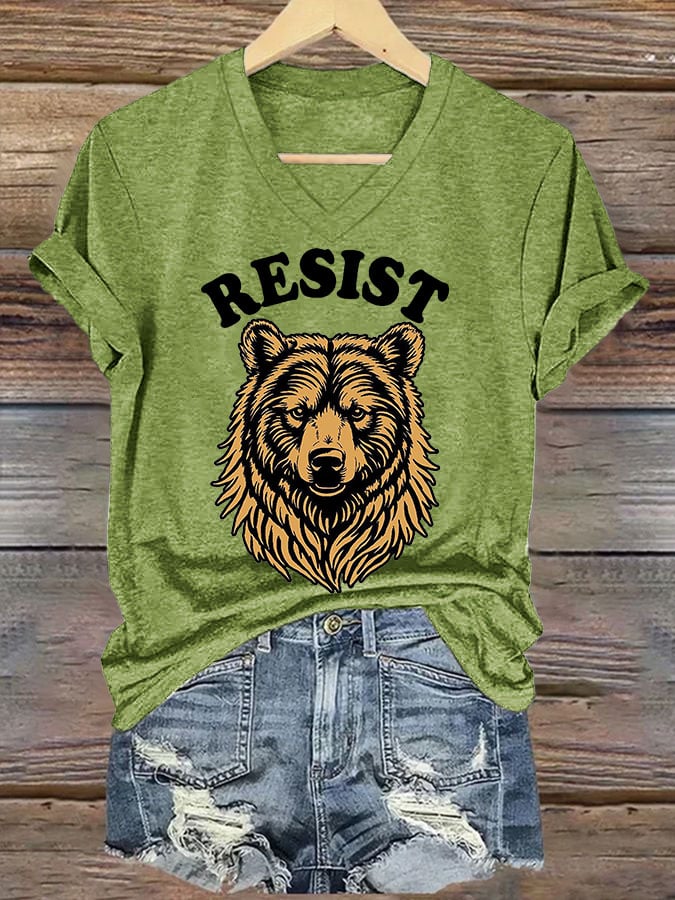 Women's Resist Bear Printed V Neck T-shirt