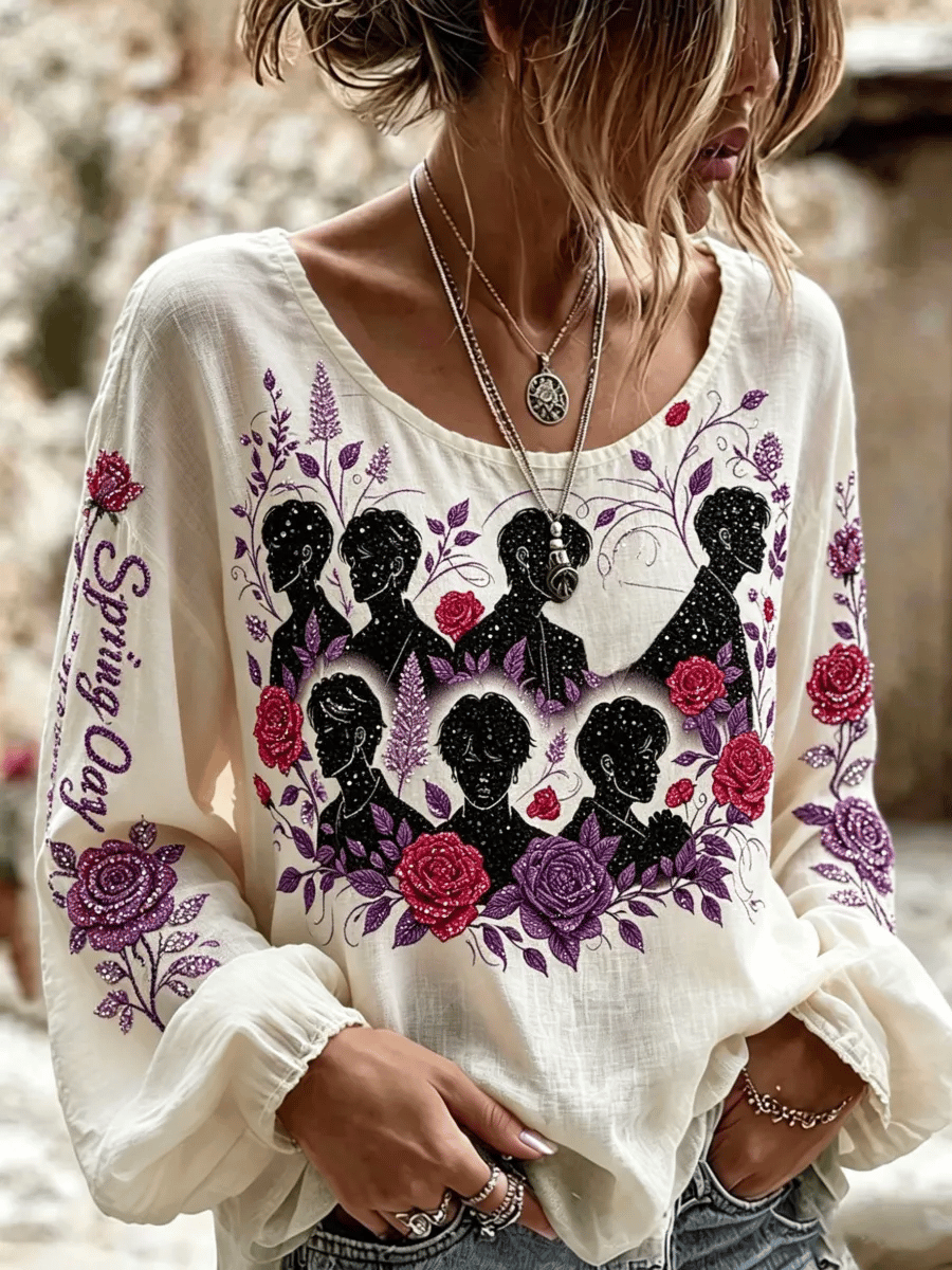 Women's Retro K-pop-Inspired Rhinestones Floral Print Long Sleeve Shirt