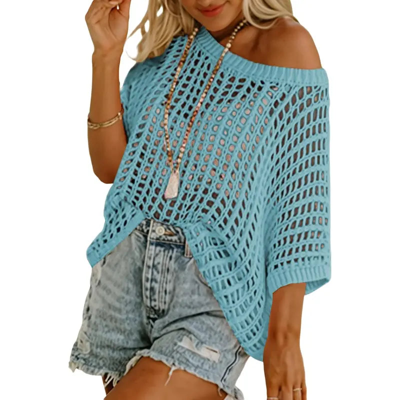 Womens Summer Scoop Neck Short Sleeve Sweater Casual Crochet Hollow Out Knit Tops