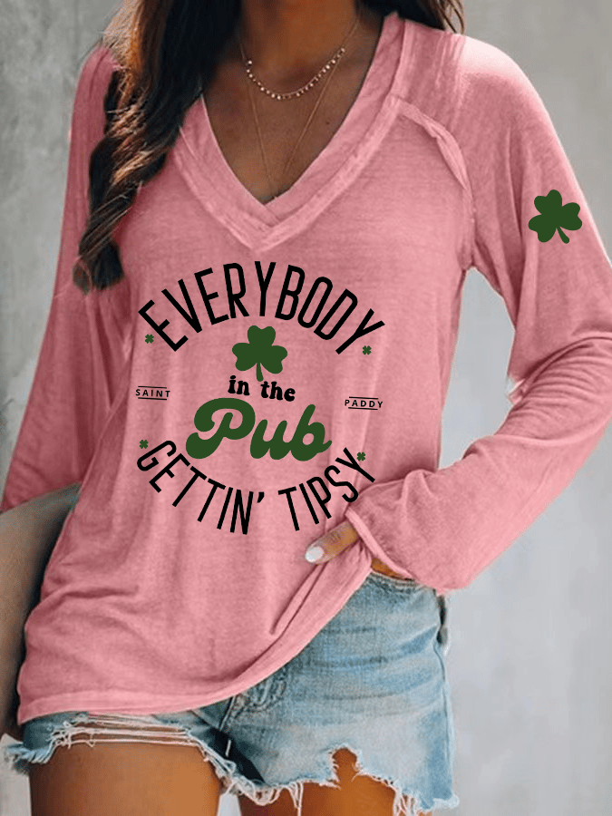 Women's Everybody In The Pub Getting Tipsy St. Patrick's Day Print V-Neck T-Shirt