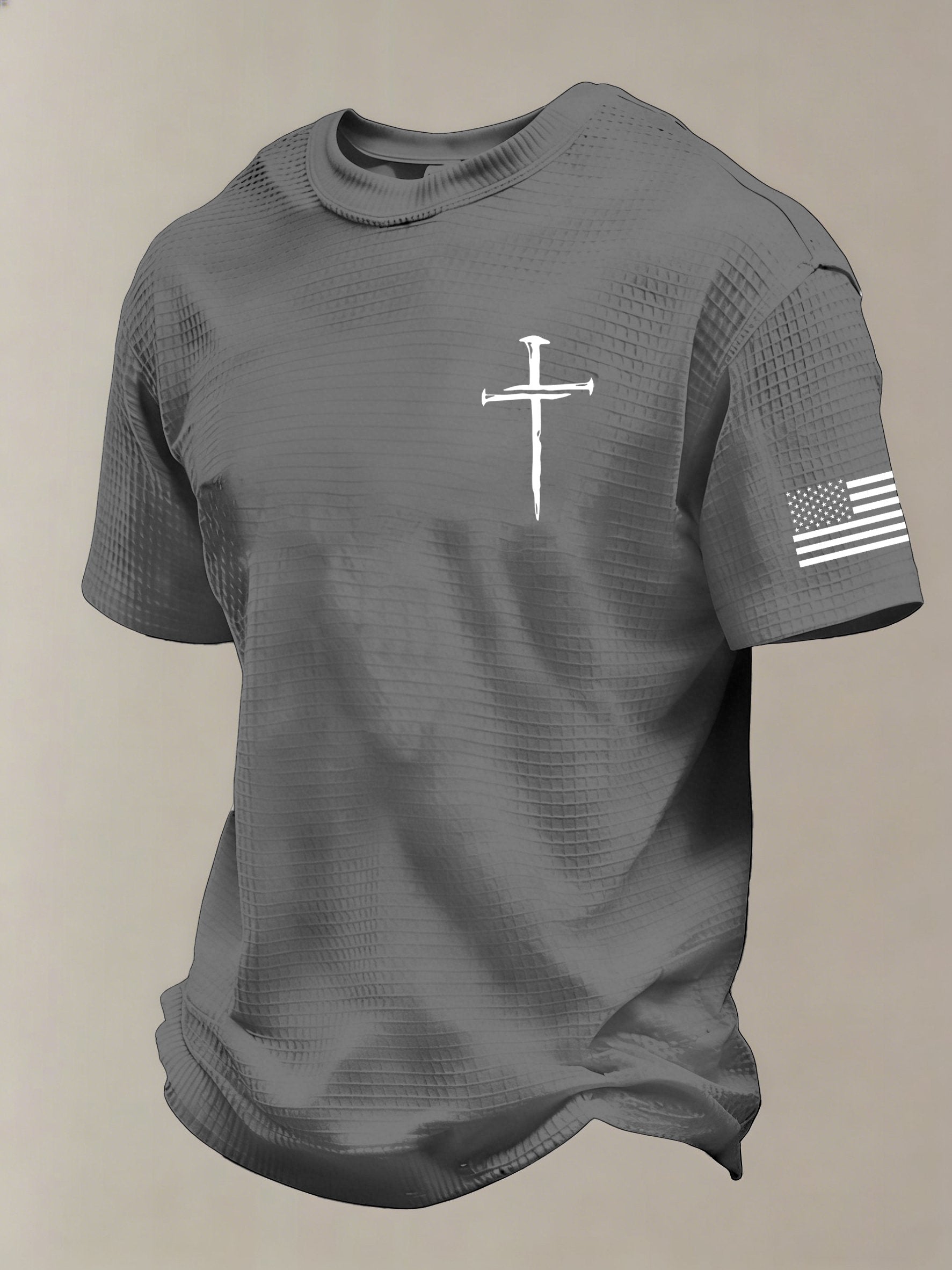 Men'S Vintage Faith Cross Flag Print Waffle-Knit Fabric T-Shirt