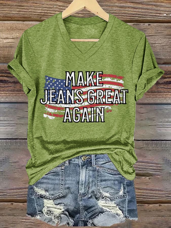 V-Neck Retro Make Jeans Great Again Print T-Shirt
