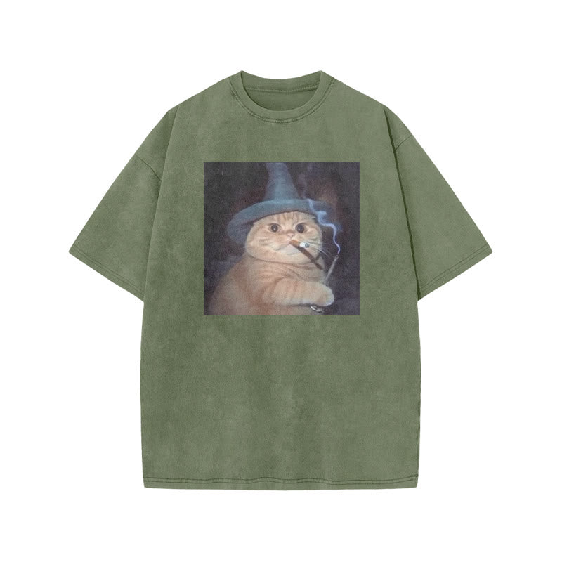 Unisex Smoking Wizard Cat Halloween Print Acid Washed T-shirt