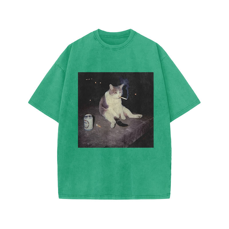 Unisex Smoking Decadent Cat Print Acid Washed T-shirt