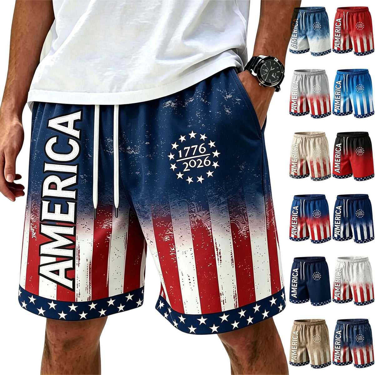 American Flag Shorts 1776-2026 Independence Day Print Casual Summer Drawstring Shorts