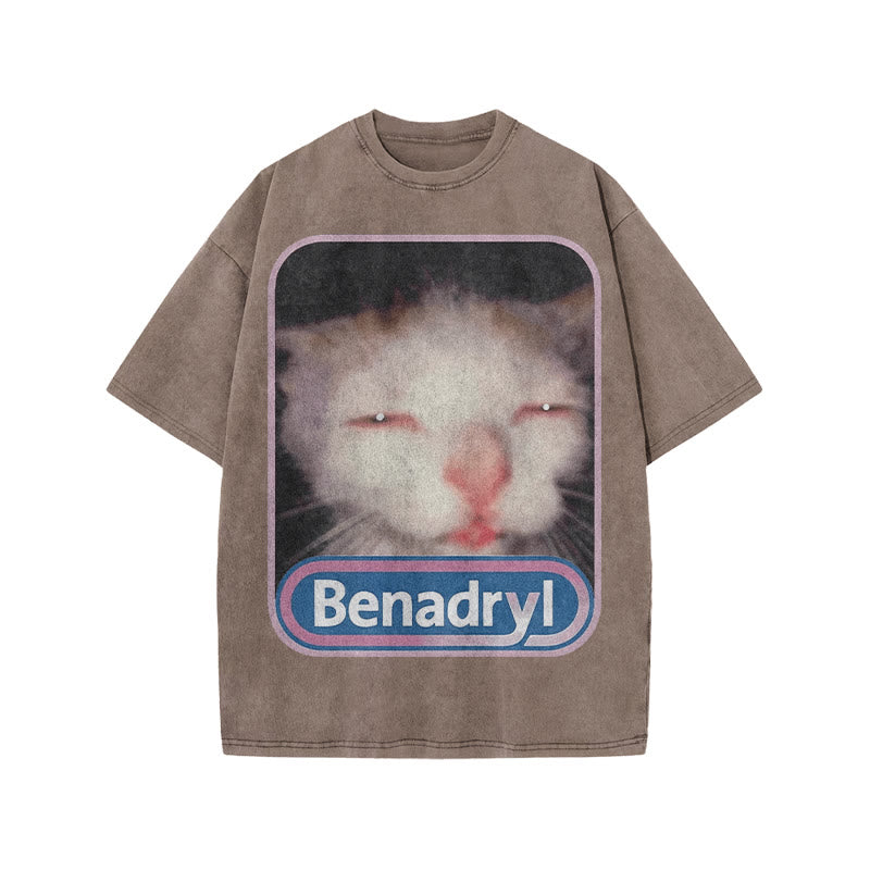 Unisex Benadryl Meme Cat Art Print Acid Washed T-shirt