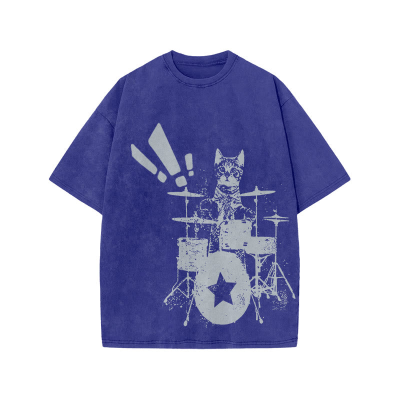 Unisex Cat Playing Drums Print Acid Washed T-shirt