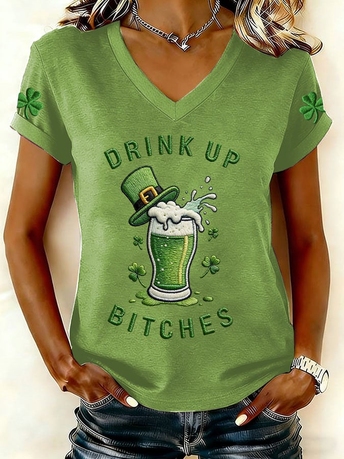 Women's Drink Up St Patrick's Day Print V Neck T-shirt