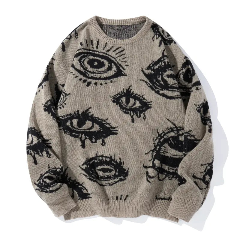 Unisex Simple Detailed Full-Length Graphic Knit Pullover Oversized Sweater