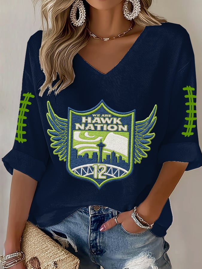 Women's V-Neck Retro Football Print T-Shirt