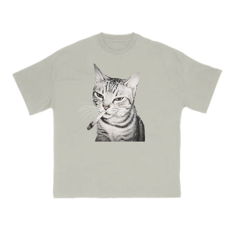 Tabby Cat With A Cigarette In Its Mouth Print T-shirt