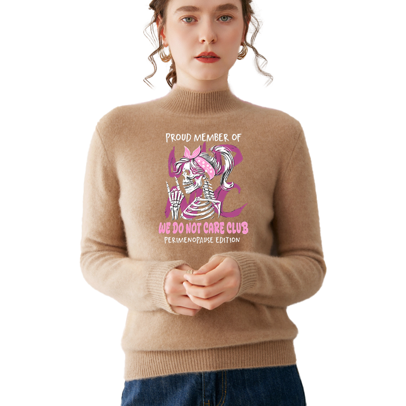 Retro and fun WDNC Club menopause/perimenopause themed printed mock neck sweater