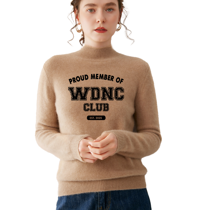 Retro and fun WDNC Club menopause/perimenopause themed printed mock neck sweater.