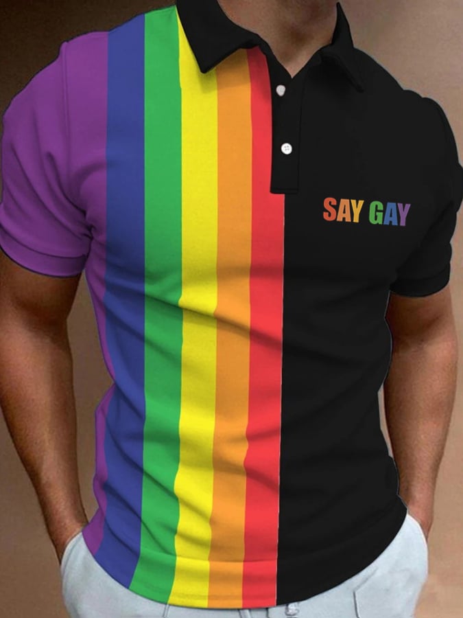 Men's Rainbow Multicolor Stripe Say Gay Print Polo Shirt