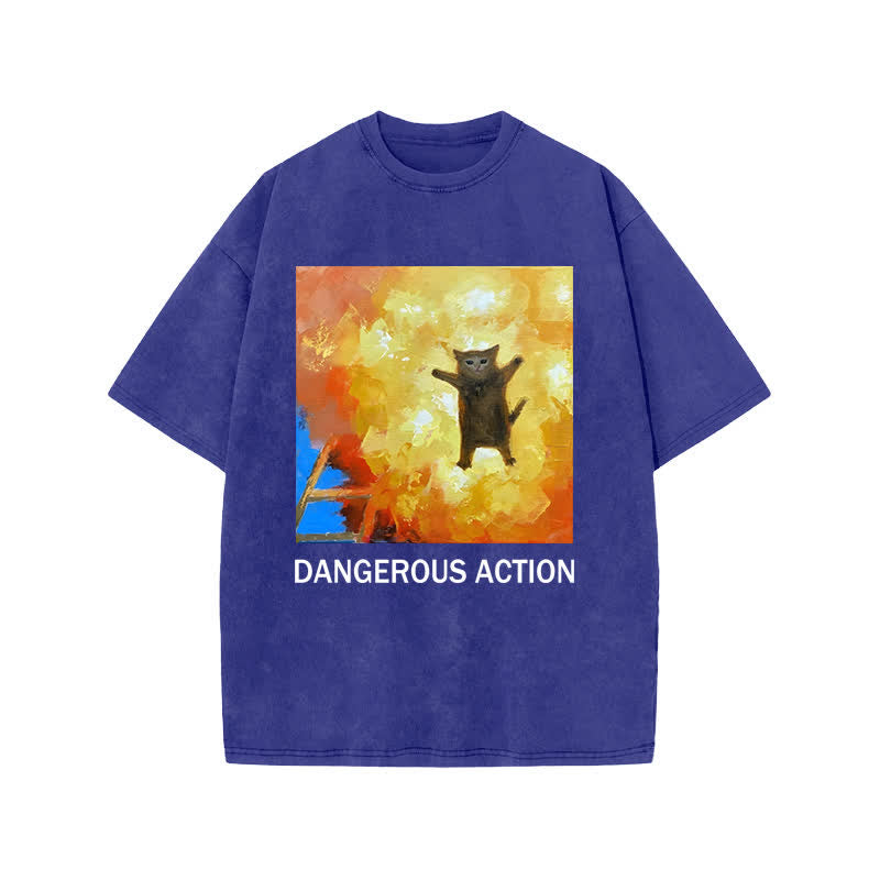 Unisex Dangerous Action Cat Art Print Acid Washed T-shirt