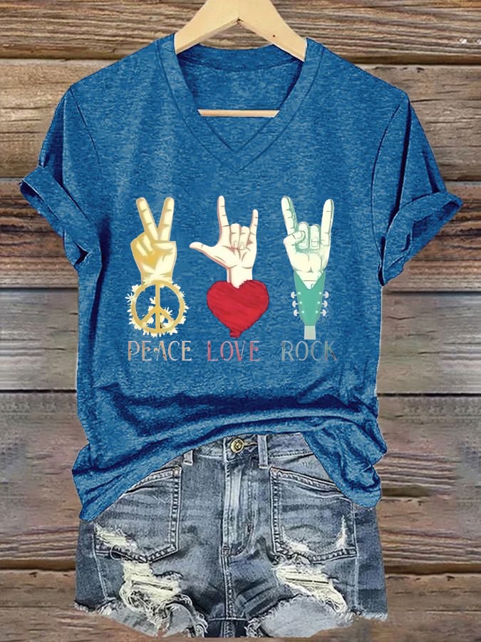 Women's Colorful Peace And Love Print V Neck T-Shirt Top