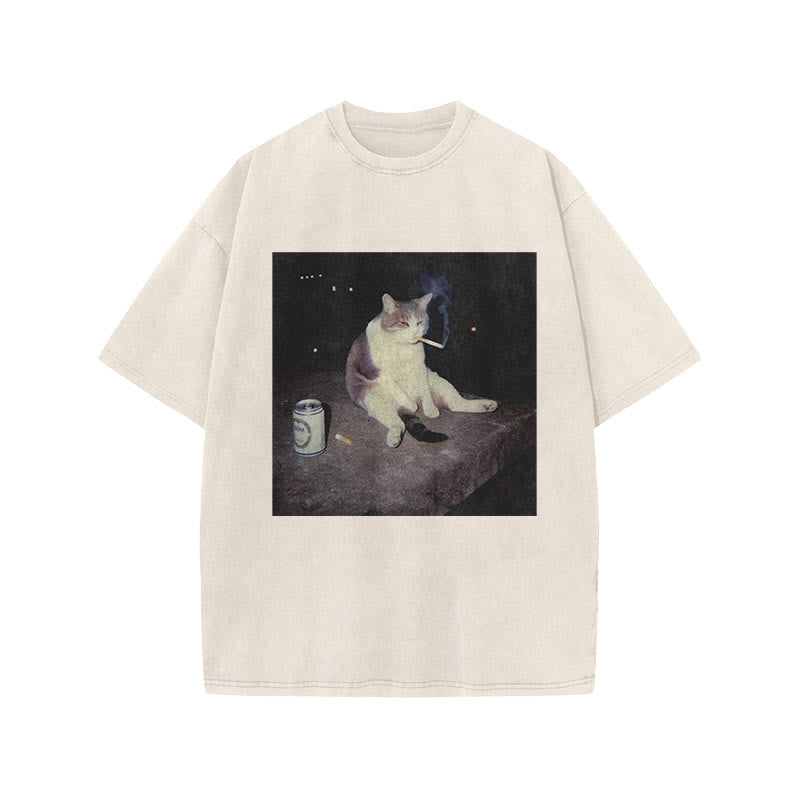 Unisex Smoking Decadent Cat Print Acid Washed T-shirt