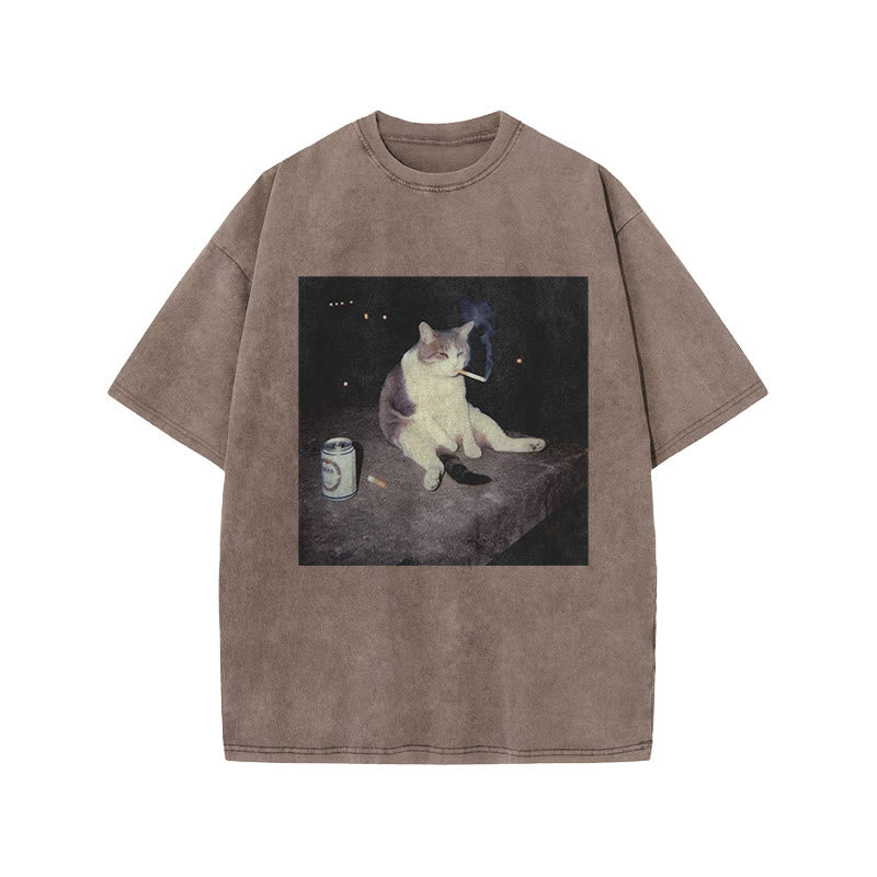 Unisex Smoking Decadent Cat Print Acid Washed T-shirt