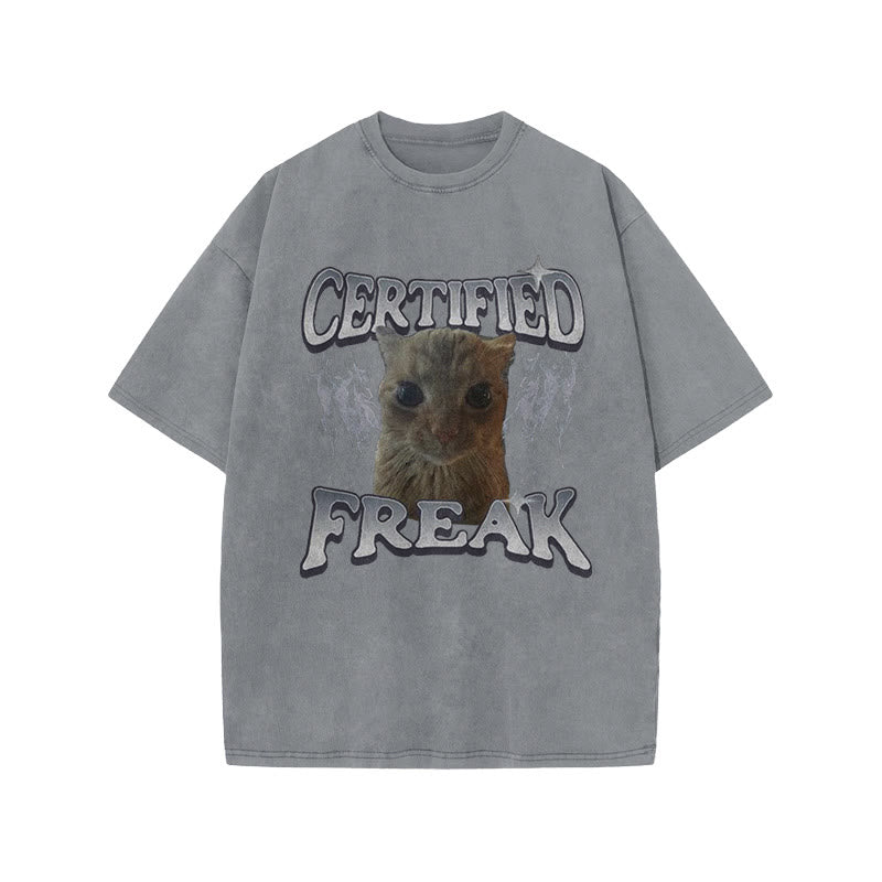 Unisex Certified Freak Funny Cat Print Acid Washed T-shirt