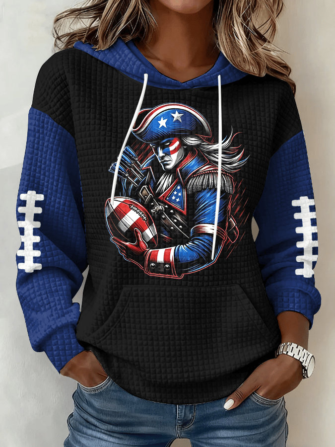 Women's Football Print Plaid Fabric Hooded Sweatshirt