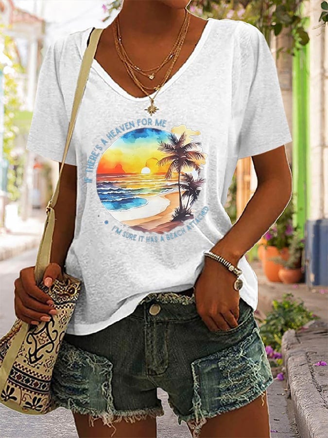 Women's If There's A Heaven For Me, I'm Sure It Has A Beach Attached Printed Short-Sleeved T-Shirt