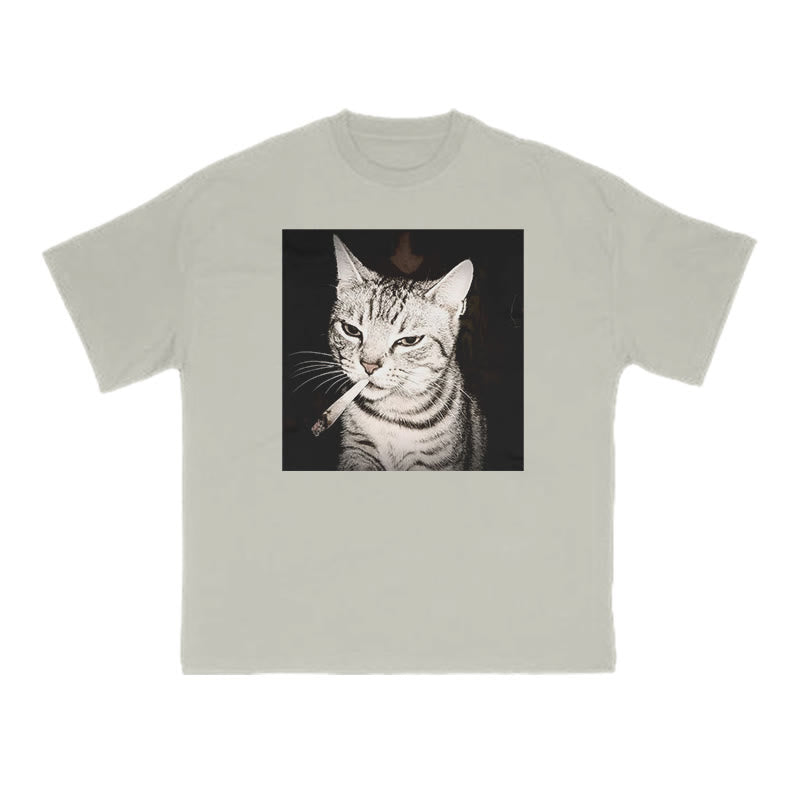 Unisex Smoking Tabby Cat Print T-shirt