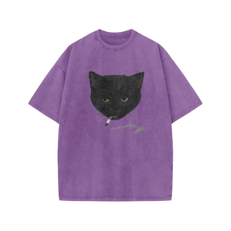 Unisex Smocking Cat Print Acid Washed T-shirt