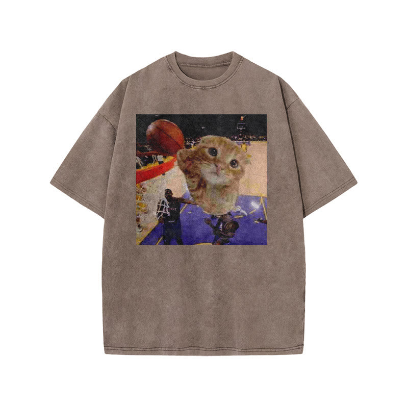 Orange Cats Playing Basketball Print Acid Washed T-shirt