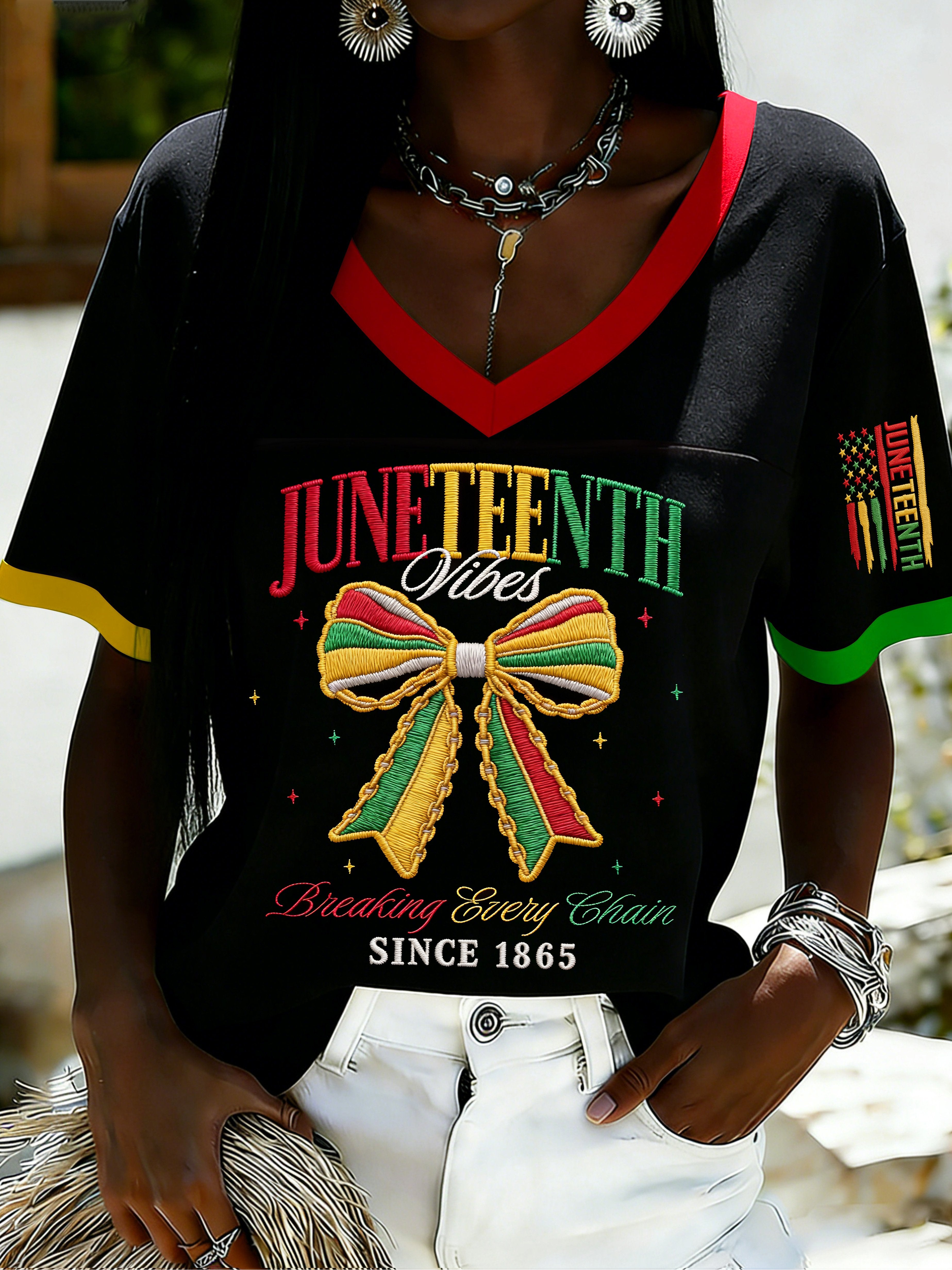 African American Women's Juneteenth Print V-Neck Top