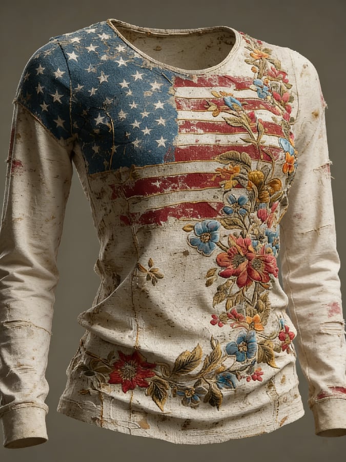 Women's casual long-sleeved T-shirt with 250th anniversary national flag and floral print.