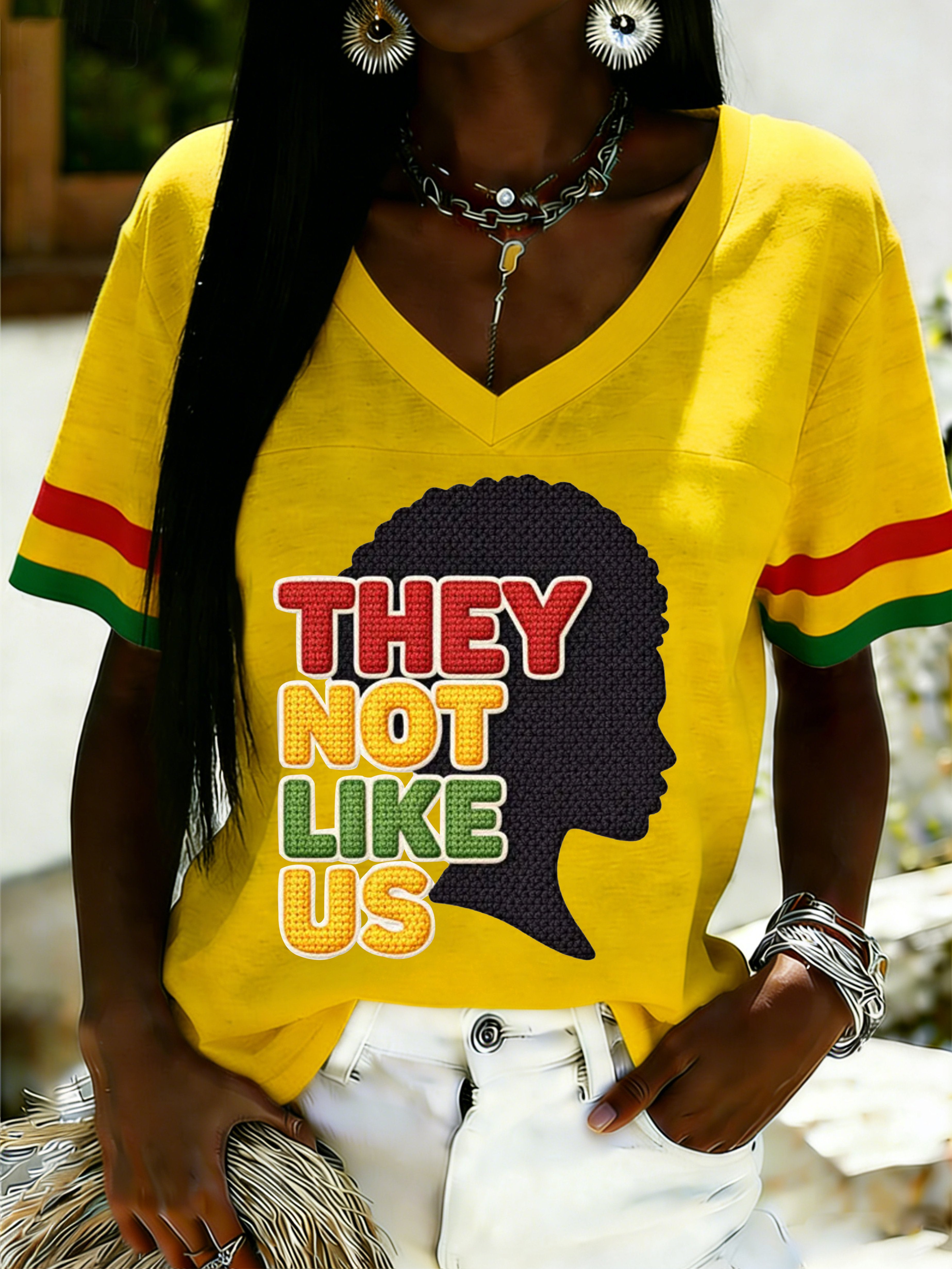 African American Women's Juneteenth Print V-Neck Top