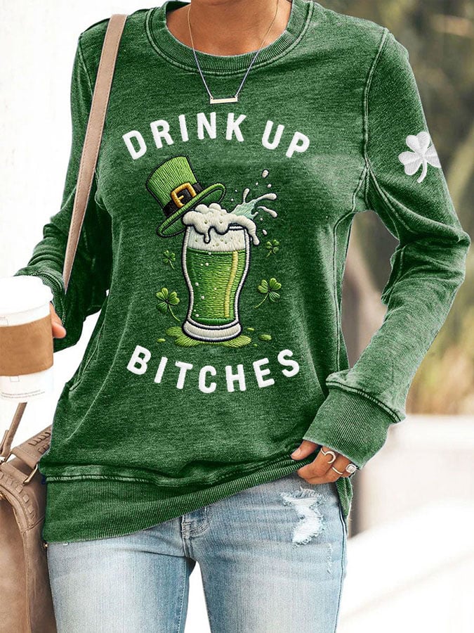 Women's Drink Up St Patrick's Day Print Casual Sweatshirt