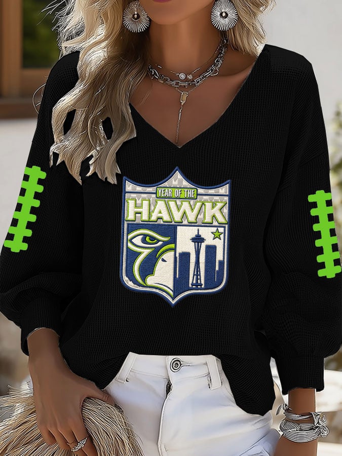 Women's Football Print V-neck Waffle Knit T-shirt