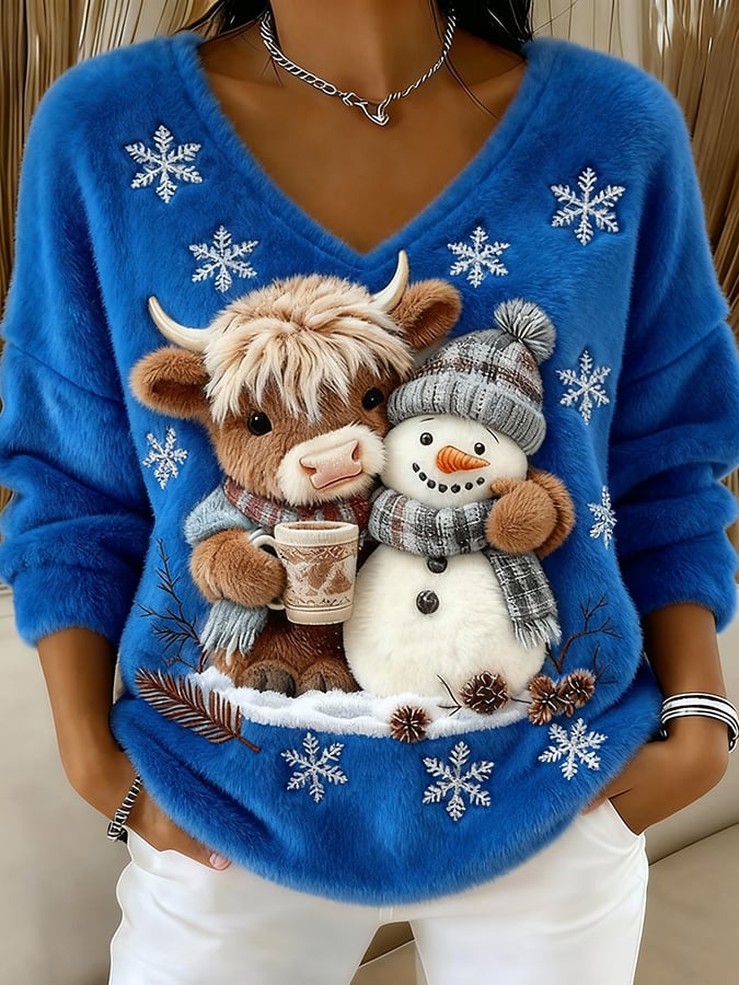 Women's Animal Highland Cow Yeti Art Print V-Neck Top