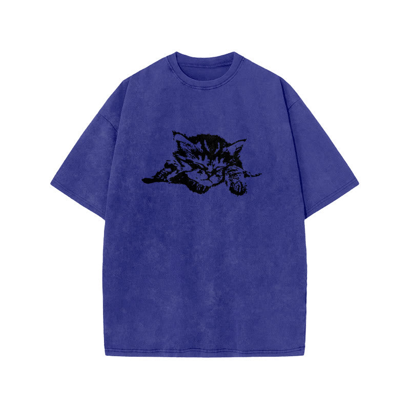 Unisex Quiet Sleeping Cat Print Acid Washed T-shirt