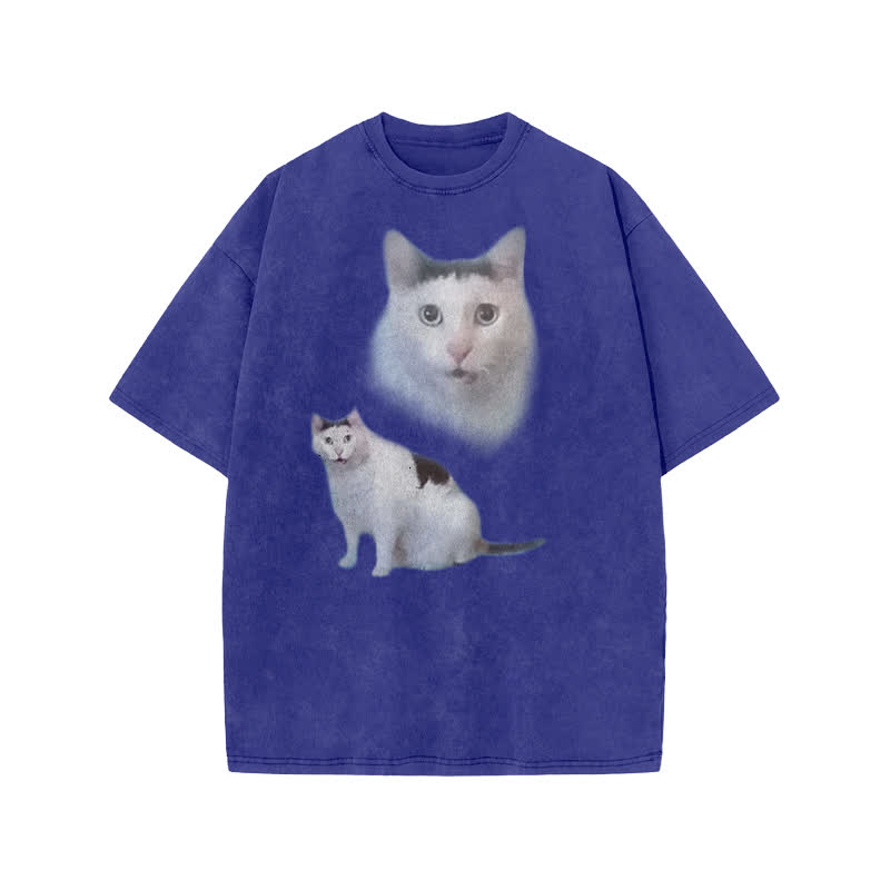 Unisex Confused Cat Print Acid Washed T-shirt