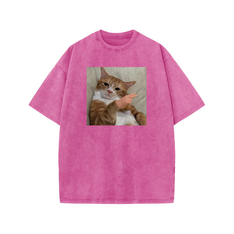 Unisex "Scissor Hand Gesture" Fun Cat Pattern Print Acid Washed T-shirt