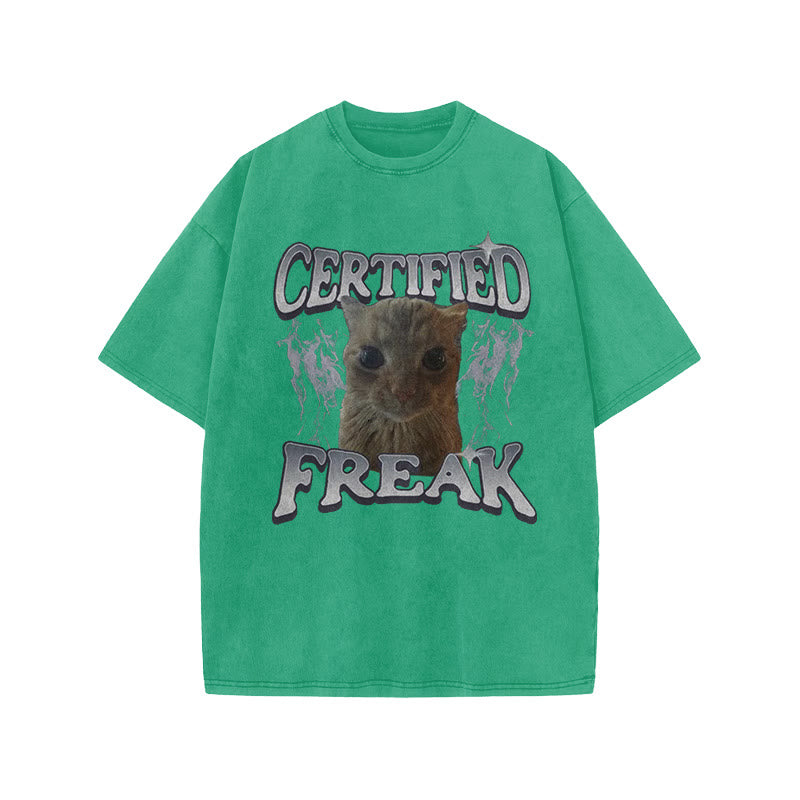 Unisex Certified Freak Funny Cat Print Acid Washed T-shirt
