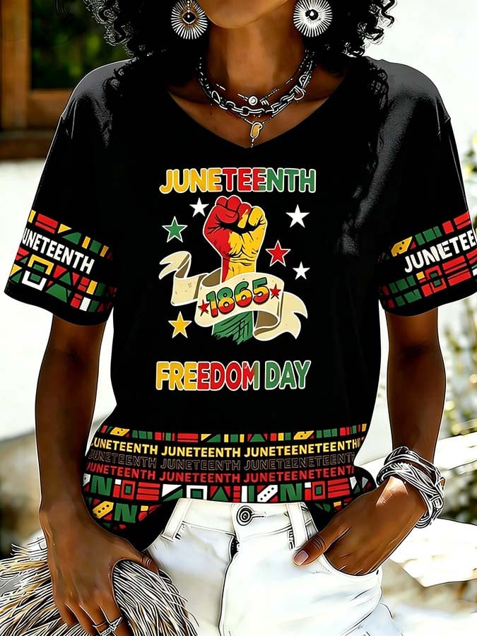 Women's Juneteenth Remembering My Ancestors Print V-Neck T-shirt