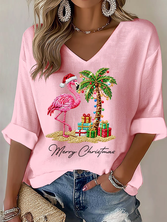 Women's Flamingo Christmas Print V Neck Top