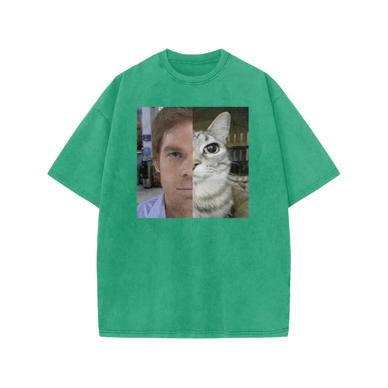 Unisex Patchwork Cat Print Acid Washed T-shirt