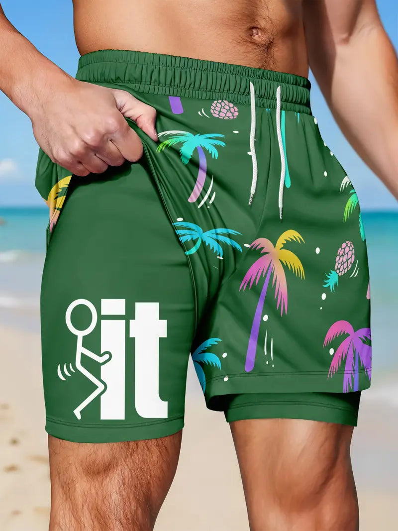 Unisex 2-in-1 Coconut Tree Letter Print Shorts with Fun Lining