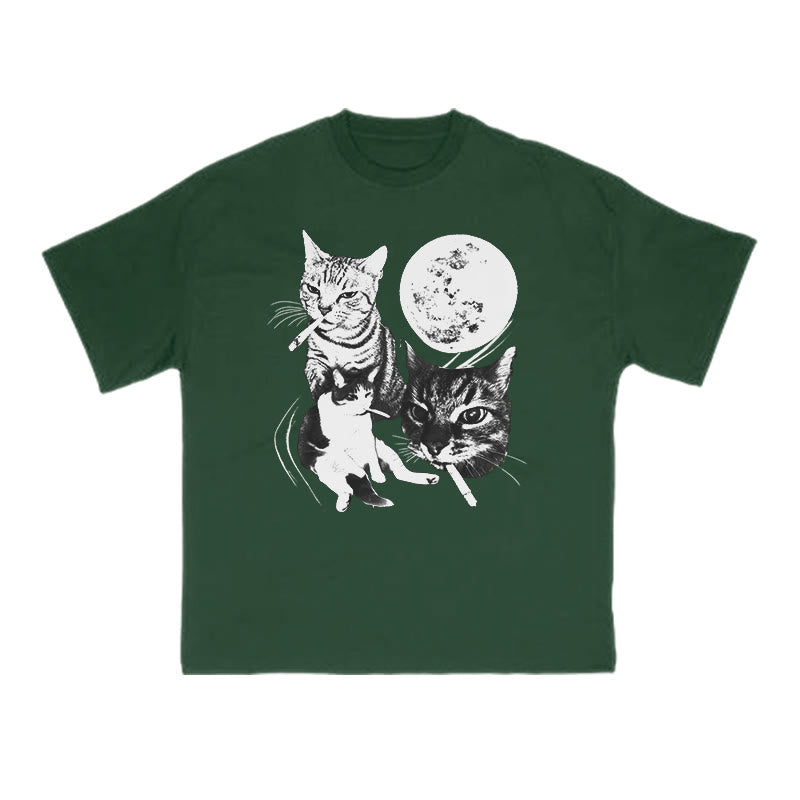 Unisex Three Cats Smoking Under The Moon Print T-shirt