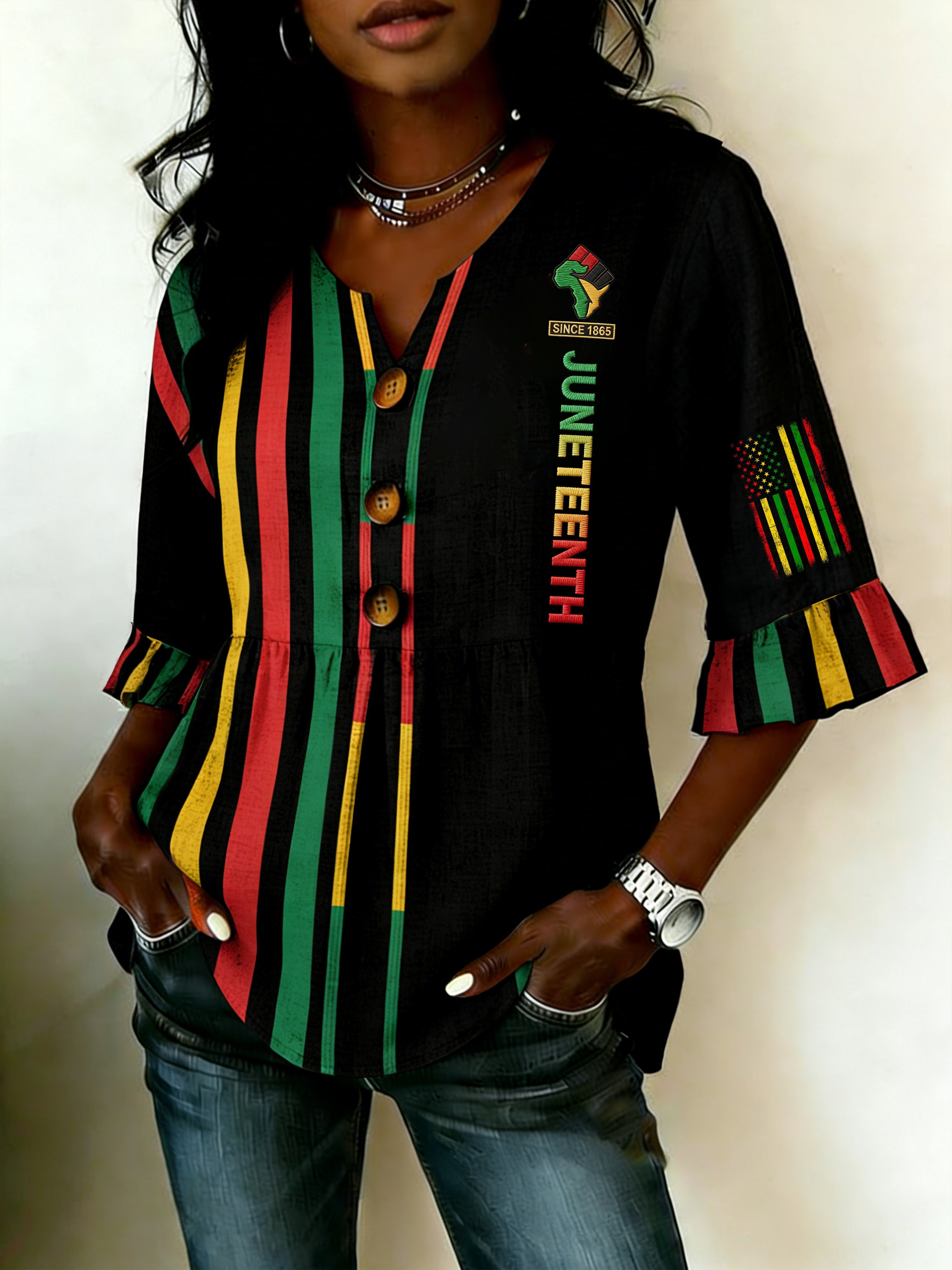 African-American Women's Juneteenth Print Faux-Linen Top