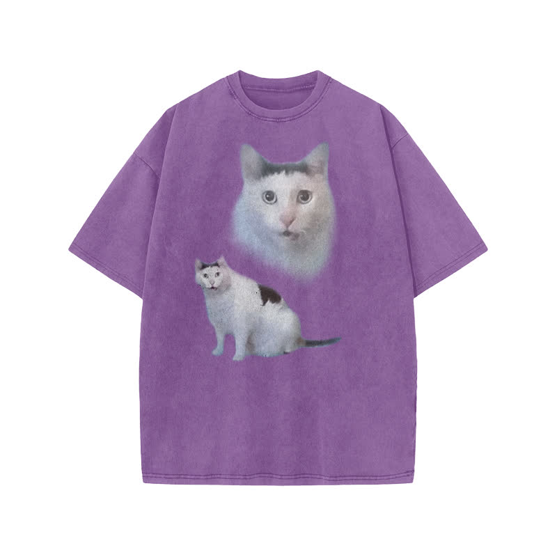 Unisex Confused Cat Print Acid Washed T-shirt