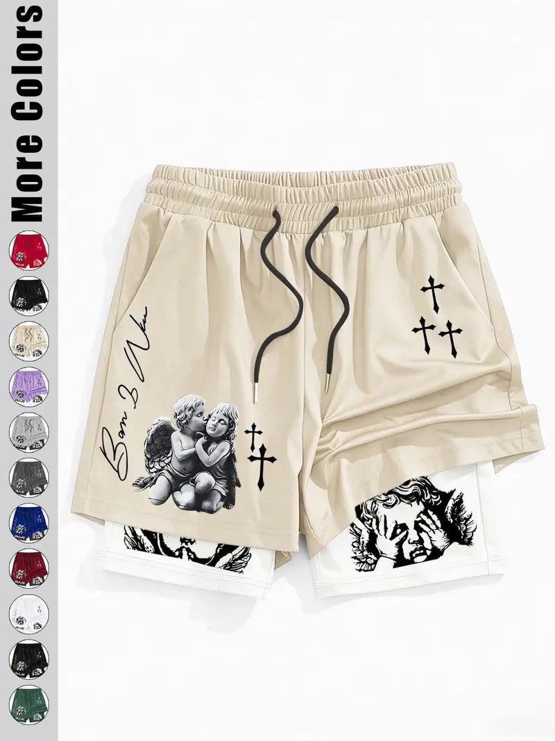 Unisex Angel Cross Print Double Layer Shorts