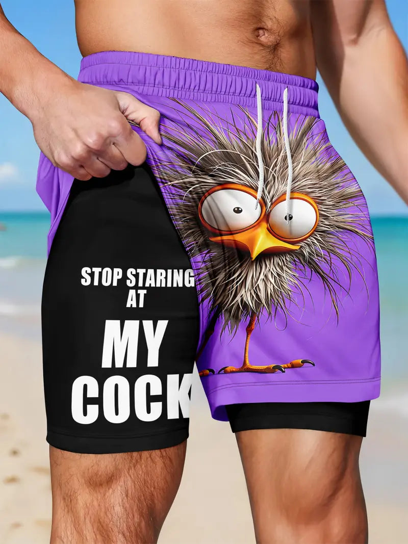 Unisex Funny Quirky Bird Print Anti-Chafe Liner 2-in-1 Straight Shorts